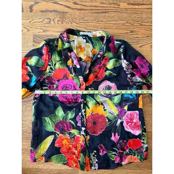 Alice + Olivia Women's Eloise Floral Silk Button Down Blouse Sheer L - Picture 8 of 8